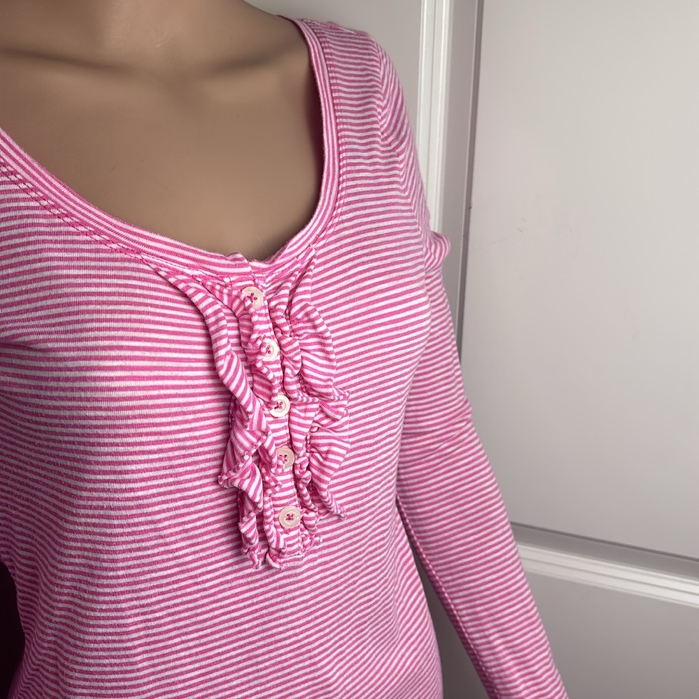 Long sleeve cotton stripe ruffle Henley scoop neck T-shirt Barbie Barbiecore - Picture 14 of 15
